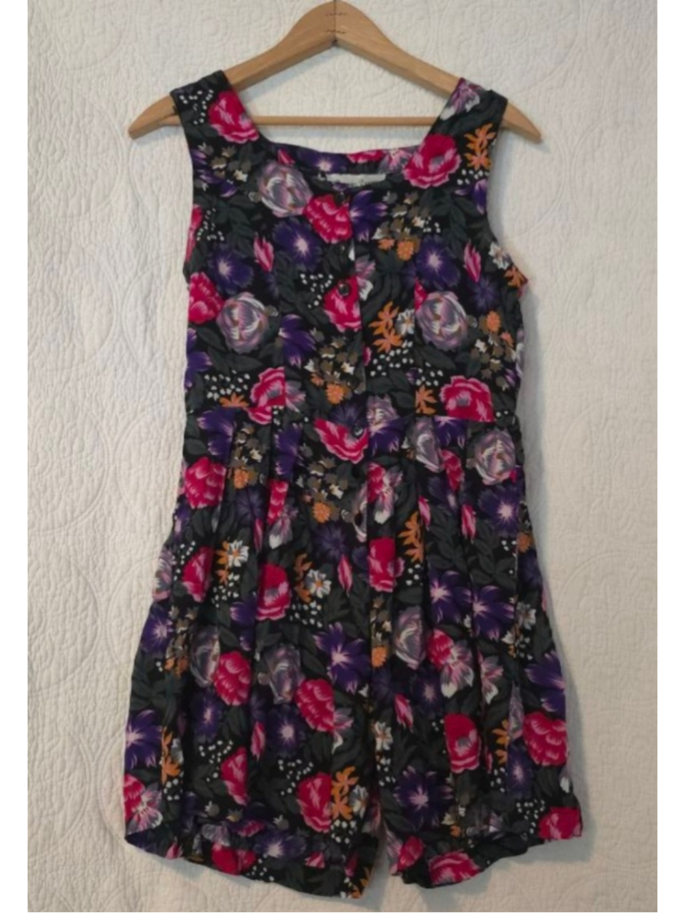 Women's Vintage 90's Bonnie Evans Black Pink Floral Romper Shorts Small Pleated
